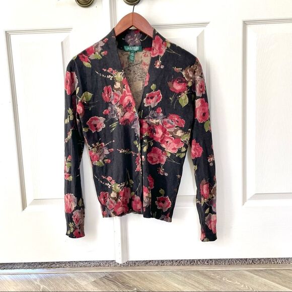 Ralph Lauren black button cardigan with roses - Picture 10 of 12